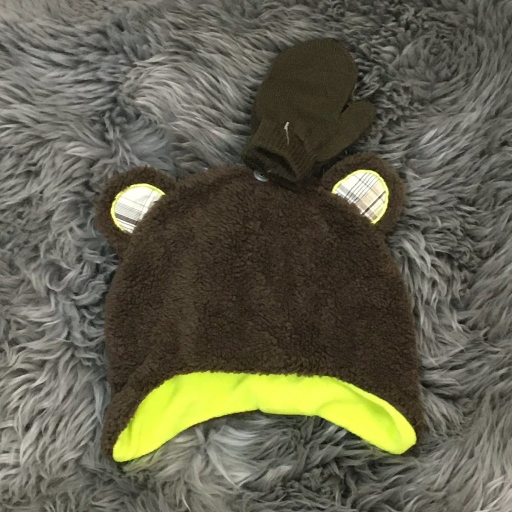 Sears | Kids Winter Hat and Glove Set | 2 Pieces | Brown & Neon | Toddler